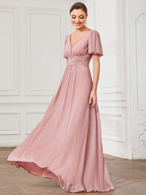 Short Sleeve Illusion V-Neck Lace A-Line Chiffon Evening Dress