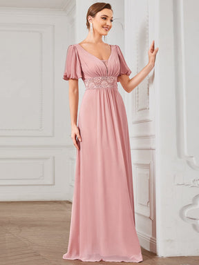 Short Sleeve Illusion V-Neck Lace A-Line Chiffon Evening Dress
