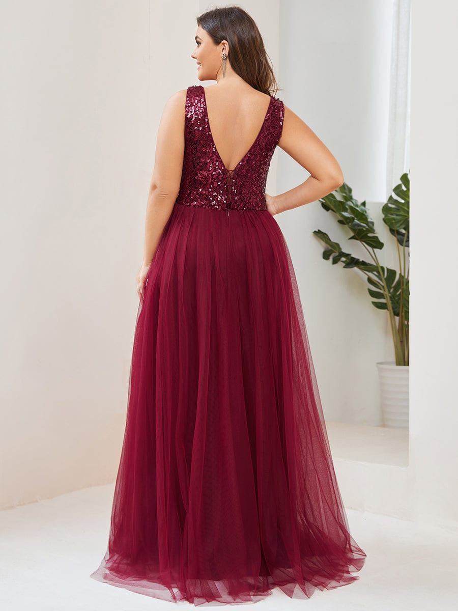 Plus Size Lace-Up Caged Back Sleeveless Tulle Evening Dress with Sequins #Color_Burgundy