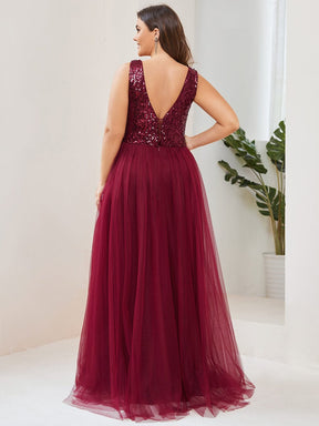Plus Size Lace-Up Caged Back Sleeveless Tulle Evening Dress with Sequins