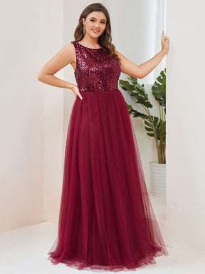 Plus Size Lace-Up Caged Back Sleeveless Tulle Evening Dress with Sequins