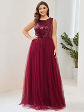 Plus Size Lace-Up Caged Back Sleeveless Tulle Evening Dress with Sequins #Color_Burgundy