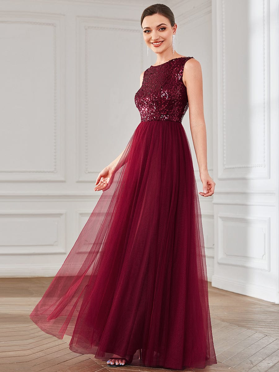 Lace-Up Caged Back Sequin Sleeveless Tulle Evening Dress #Color_Burgundy