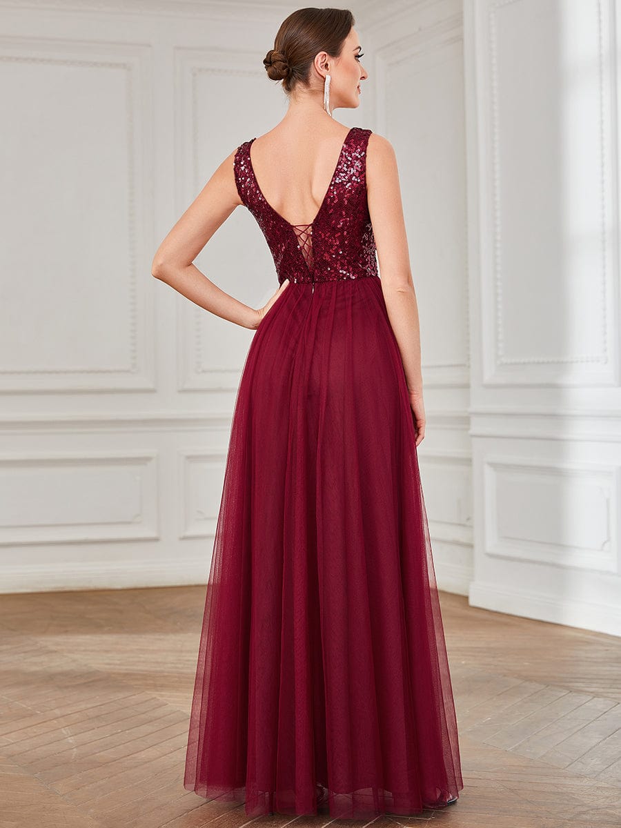 Lace-Up Caged Back Sequin Sleeveless Tulle Evening Dress #Color_Burgundy