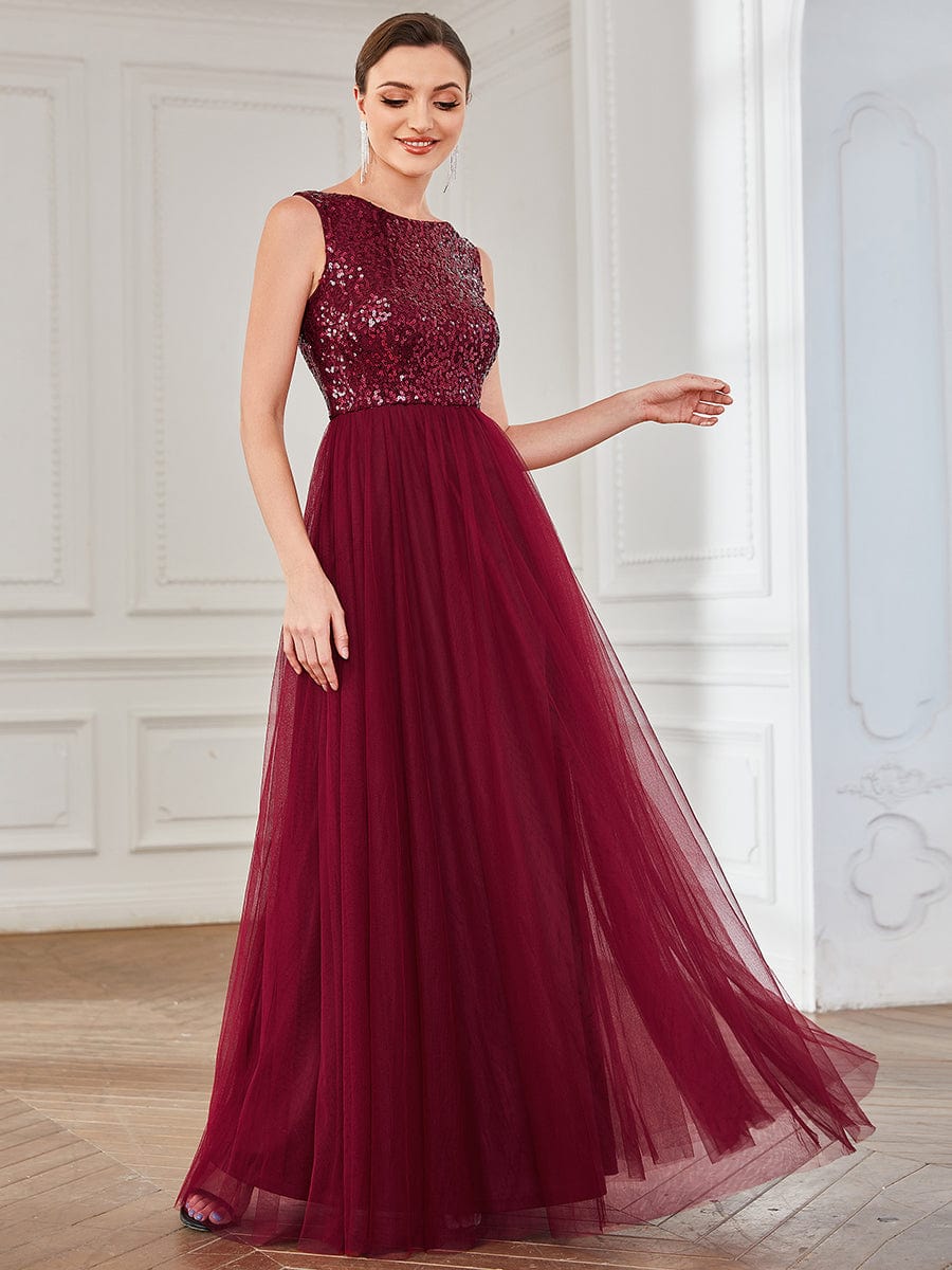 Lace-Up Caged Back Sequin Sleeveless Tulle Evening Dress