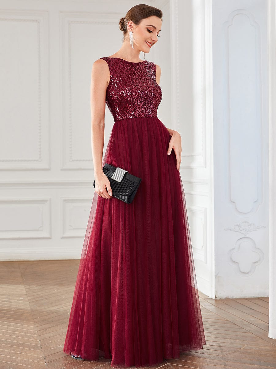Lace-Up Caged Back Sequin Sleeveless Tulle Evening Dress