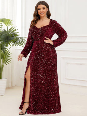 Plus Size Sweetheart Long Sleeve Sequin Bodycon Evening Dress with Slit