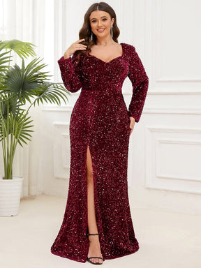 Plus Size Sweetheart Long Sleeve Sequin Bodycon Evening Dress with Slit