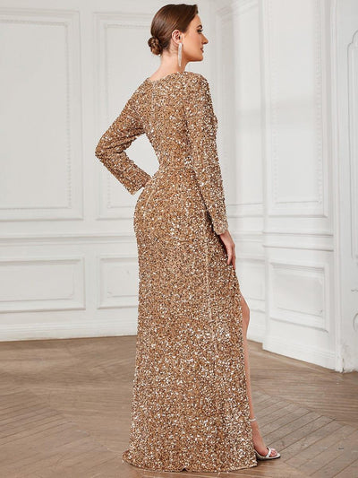 Sweetheart Long Sleeve Sequin Front Slit Bodycon Evening Dress #Color_Mushroom