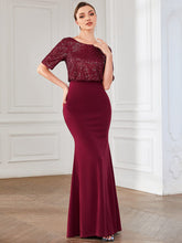 Round Neck Sequin Illusion Bodycon Evening Dress #Color_Burgundy