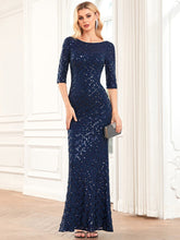 3/4 Sleeve Boatneck Sequin Bodycon Evening Dress #Color_Navy Blue