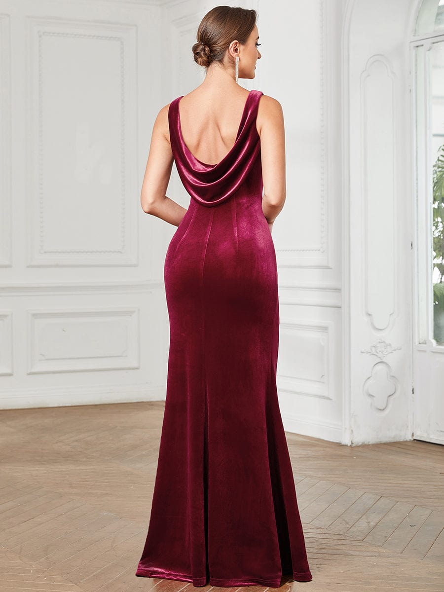 Velvet Sleeveless V-Neck Cowl Back Bodycon Evening Dress #Color_Burgundy
