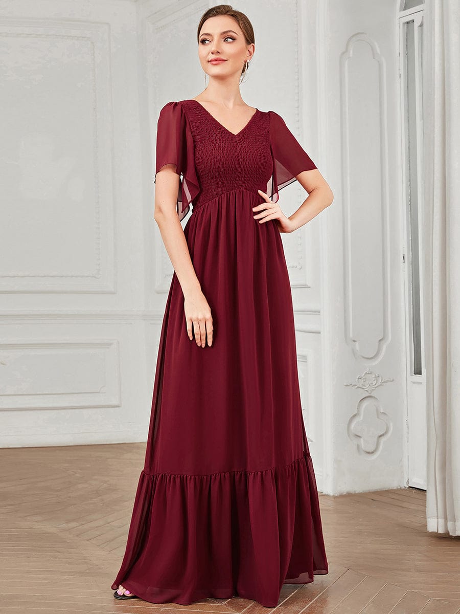 Short Sleeve V-Neck Shirred A-Line Evening Dress #Color_Burgundy