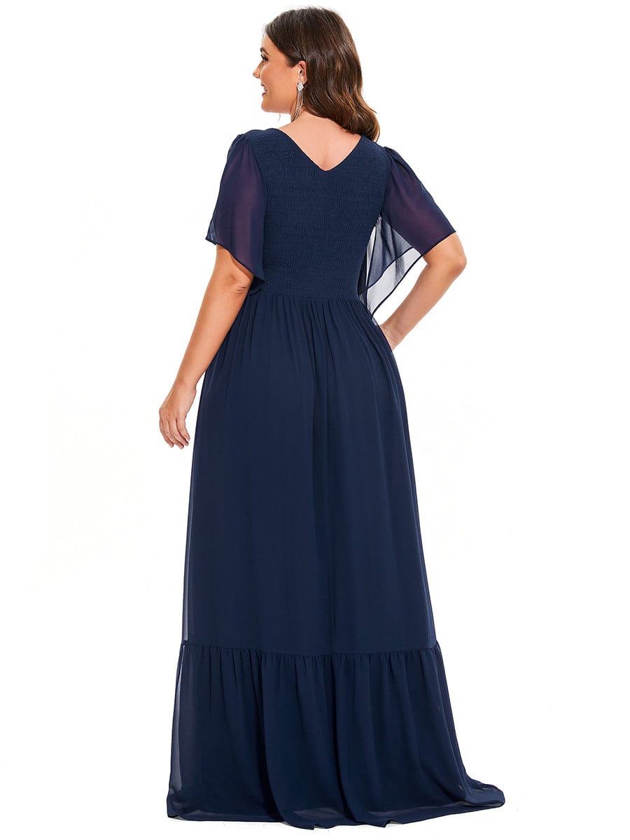 Short Sleeve V-Neck Shirred A-Line Evening Dress