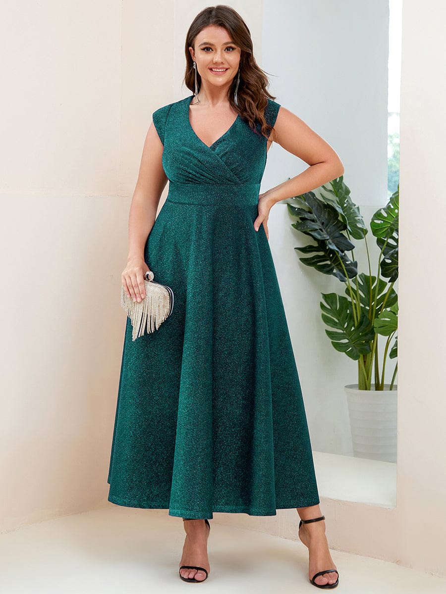 Plus Size Cap Sleeve V-Neck A-Line Pleated Evening Dress #color_Dark Green