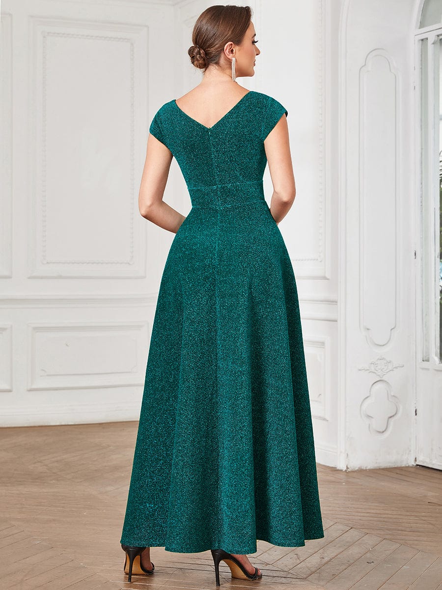 Pleated Cap Sleeve V-Neck A-Line Evening Dress #color_Dark Green