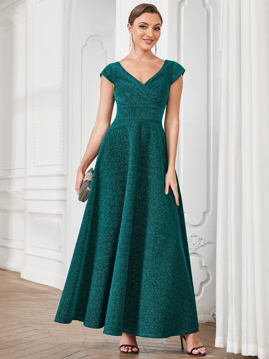 Pleated Cap Sleeve V-Neck A-Line Evening Dress #color_Dark Green