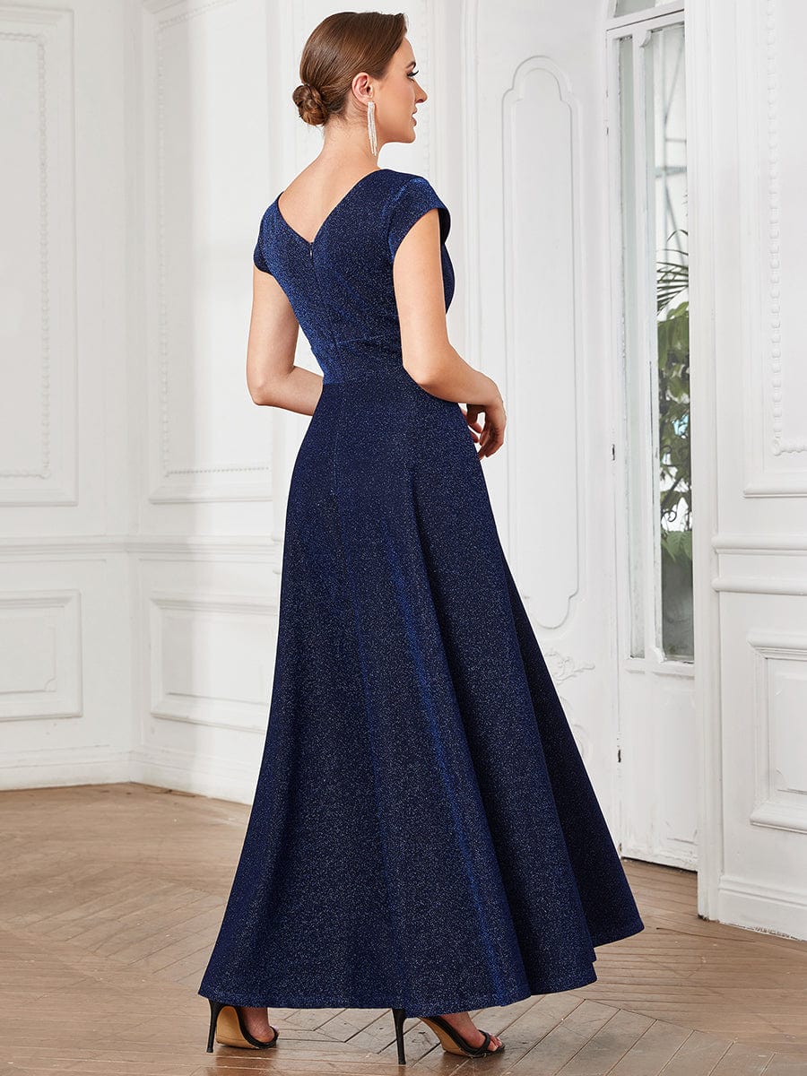 Pleated Cap Sleeve V-Neck A-Line Evening Dress #color_Navy Blue