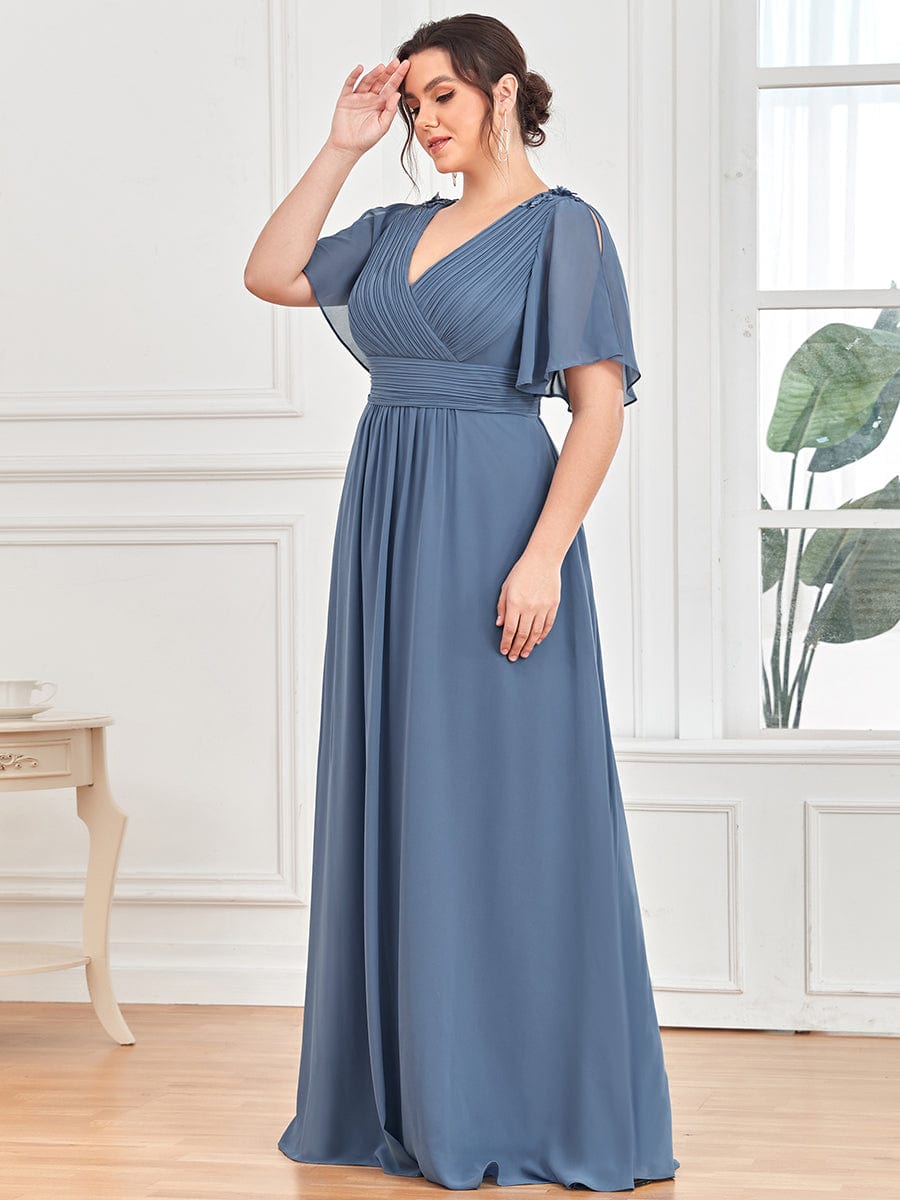 V-Neck Short Split Sleeve Sequin Applique Chiffon Evening Dress