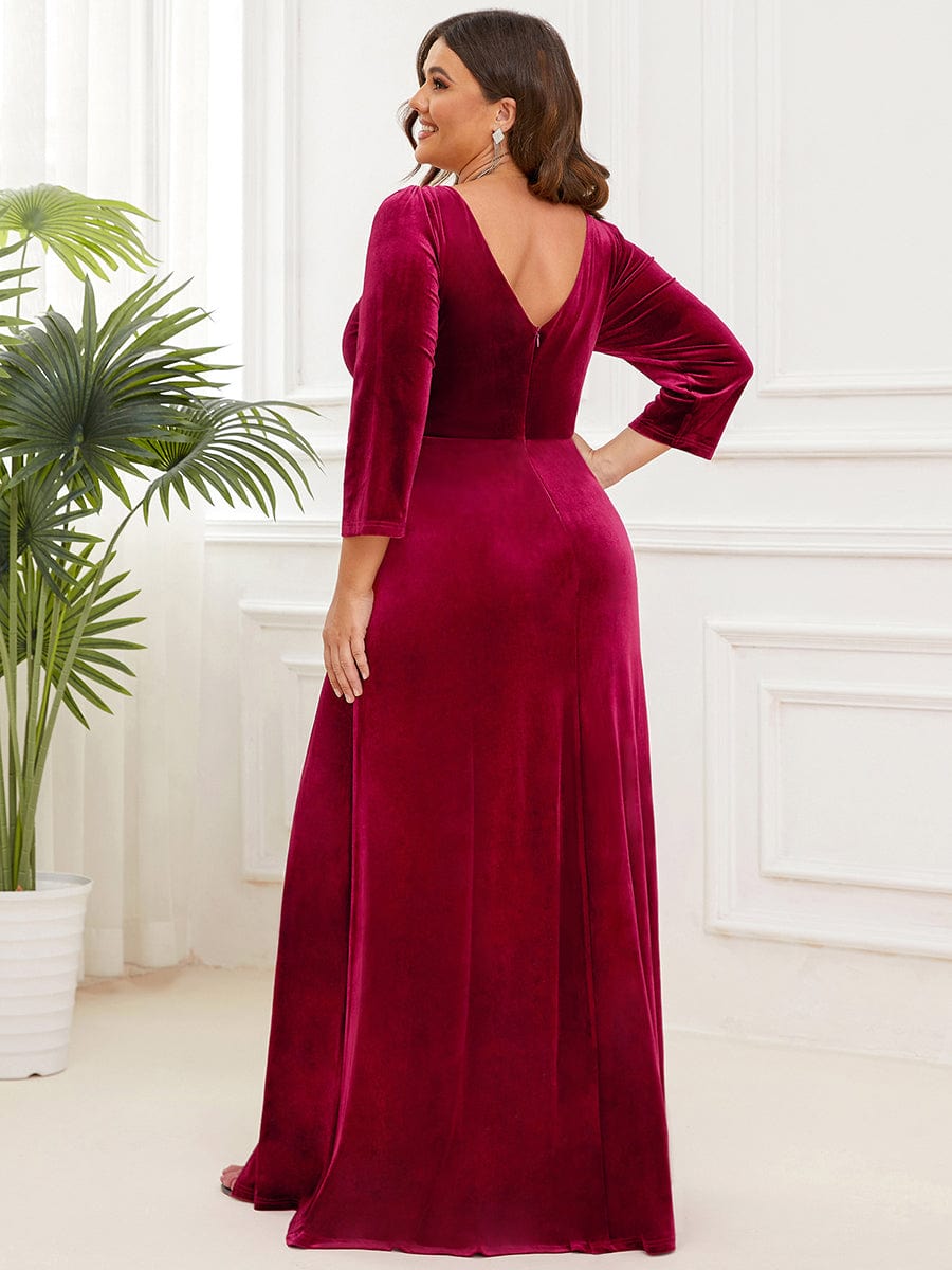 Plus Size Velvet Plunging V-Neck 3/4 Sleeve A-Line Evening Dress with Slit #Color_Burgundy