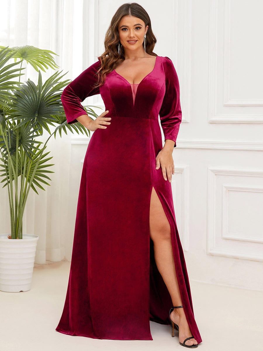 Plus Size Velvet Plunging V-Neck 3/4 Sleeve A-Line Evening Dress with Slit #Color_Burgundy