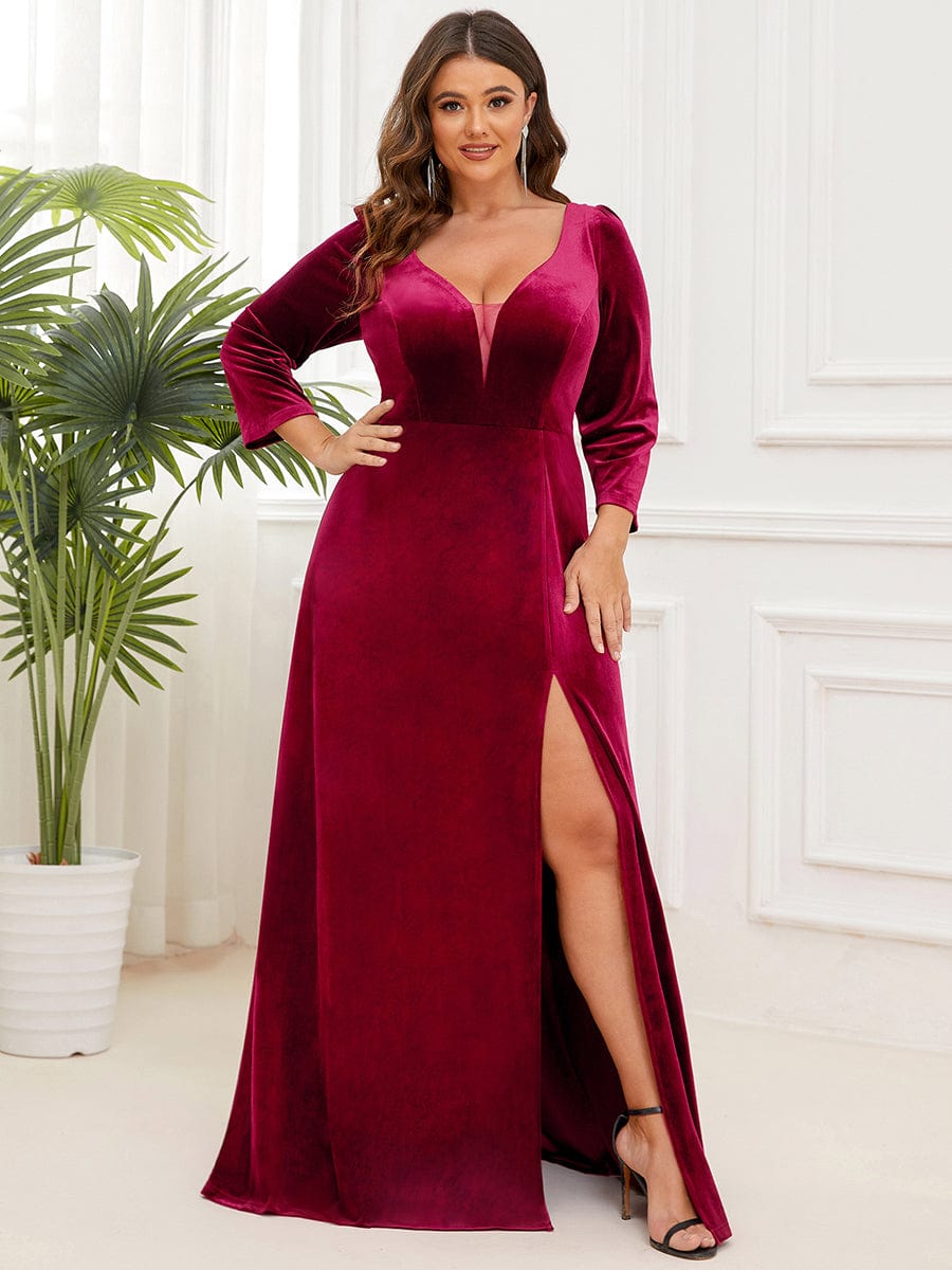 Plus Size Velvet Plunging V-Neck 3/4 Sleeve A-Line Evening Dress with Slit