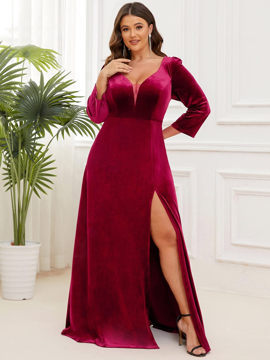 Plus Size Velvet Plunging V-Neck 3/4 Sleeve A-Line Evening Dress with Slit #Color_Burgundy