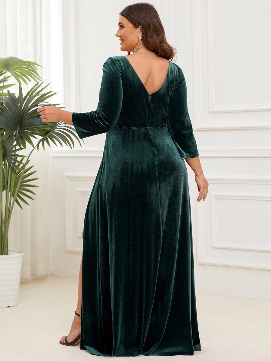 Plus Size Velvet Plunging V-Neck 3/4 Sleeve A-Line Evening Dress with Slit #Color_Dark Green