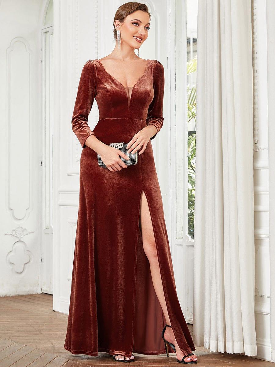 Velvet Plunging V-Neck Front Slit 3/4 Sleeve A-Line Evening Dress #Color_Brick Red