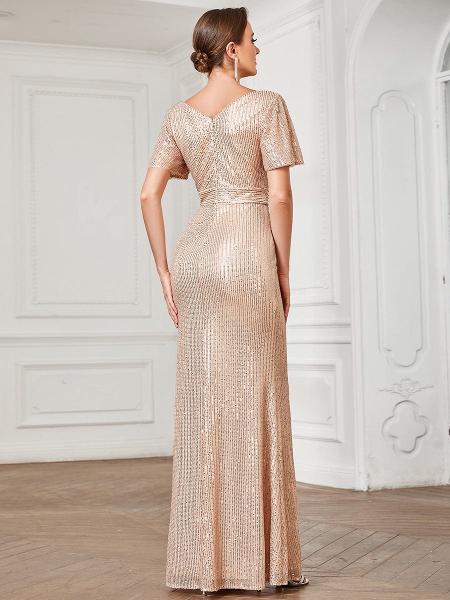 Sequin Short Sleeve Pleated Empire Waist Evening Dress #color_Rose Gold