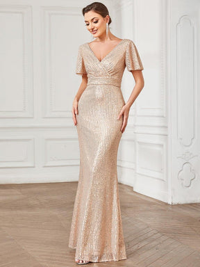 Sequin Short Sleeve Pleated Empire Waist Evening Dress