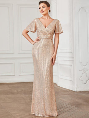 Sequin Short Sleeve Pleated Empire Waist Evening Dress