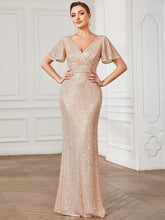 Sequin Short Sleeve Pleated Empire Waist Evening Dress #color_Rose Gold