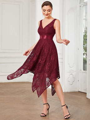 Ribbon Waist Sleeveless Lace Asymmetrical Hem Evening Dress
