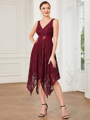Ribbon Waist Sleeveless Lace Asymmetrical Hem Evening Dress