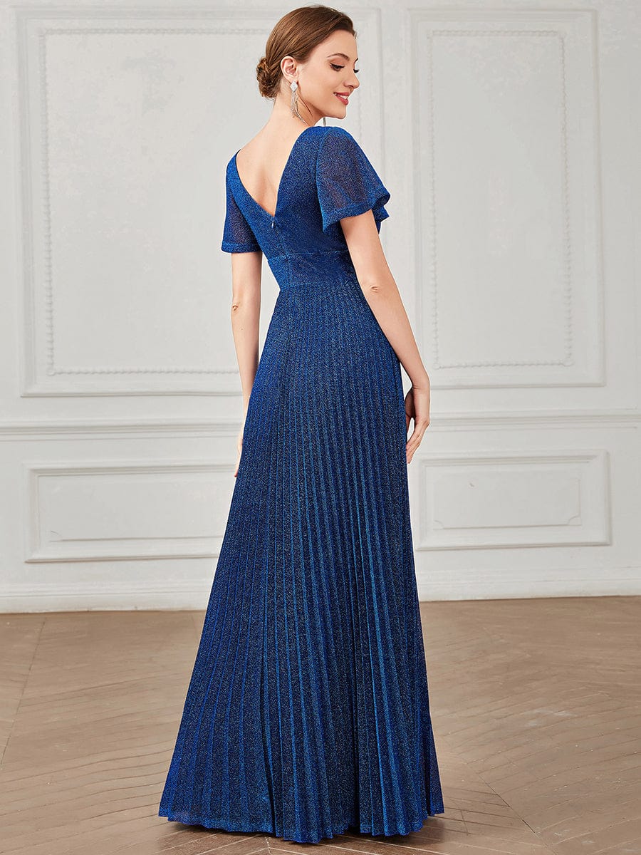 V-Neck Short Sleeve Pleated A-Line Evening Dress #Color_Sapphire Blue