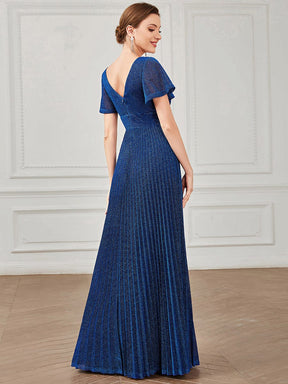 V-Neck Short Sleeve Pleated A-Line Evening Dress