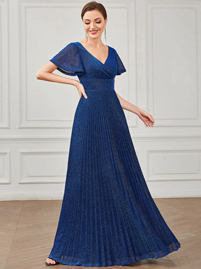 V-Neck Short Sleeve Pleated A-Line Evening Dress