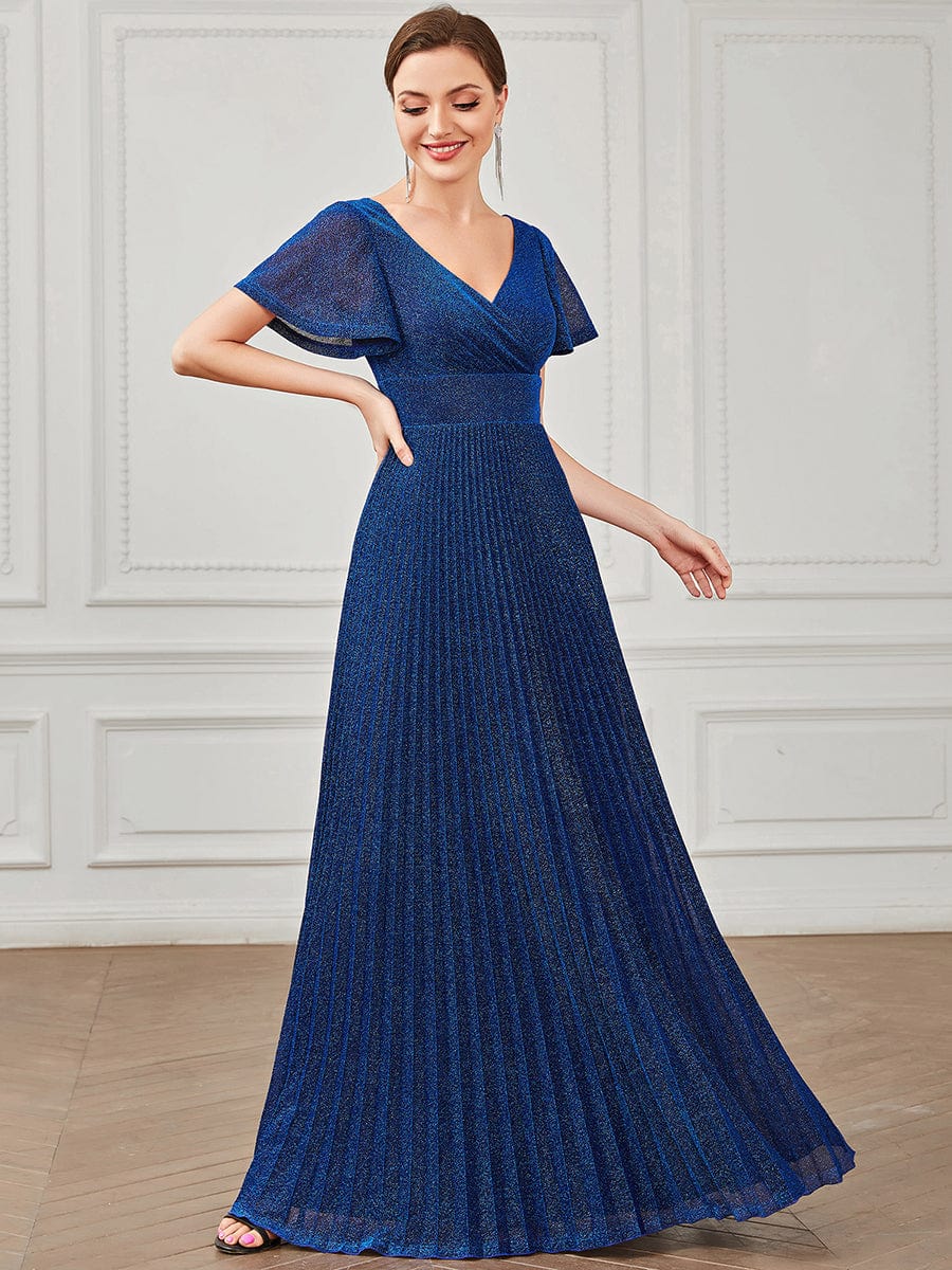 V-Neck Short Sleeve Pleated A-Line Evening Dress