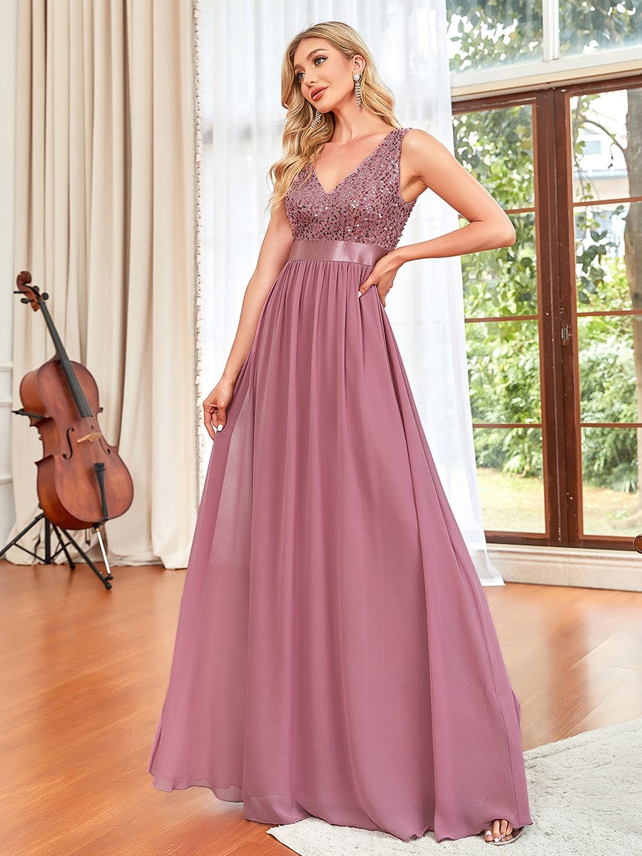 Sequins V-Neck Low Back A-Line Evening Dress #color_Purple Orchid