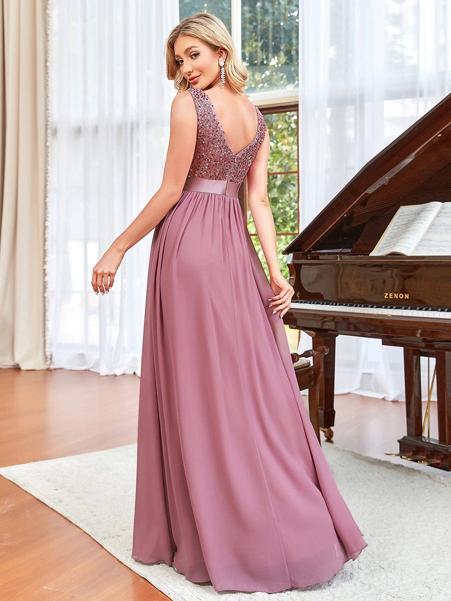 Sequins V-Neck Low Back A-Line Evening Dress #color_Purple Orchid