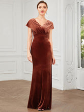 Velvet Pleated V-Neck Cap Sleeve Column Floor-Length Evening Dress #Color_Brick Red