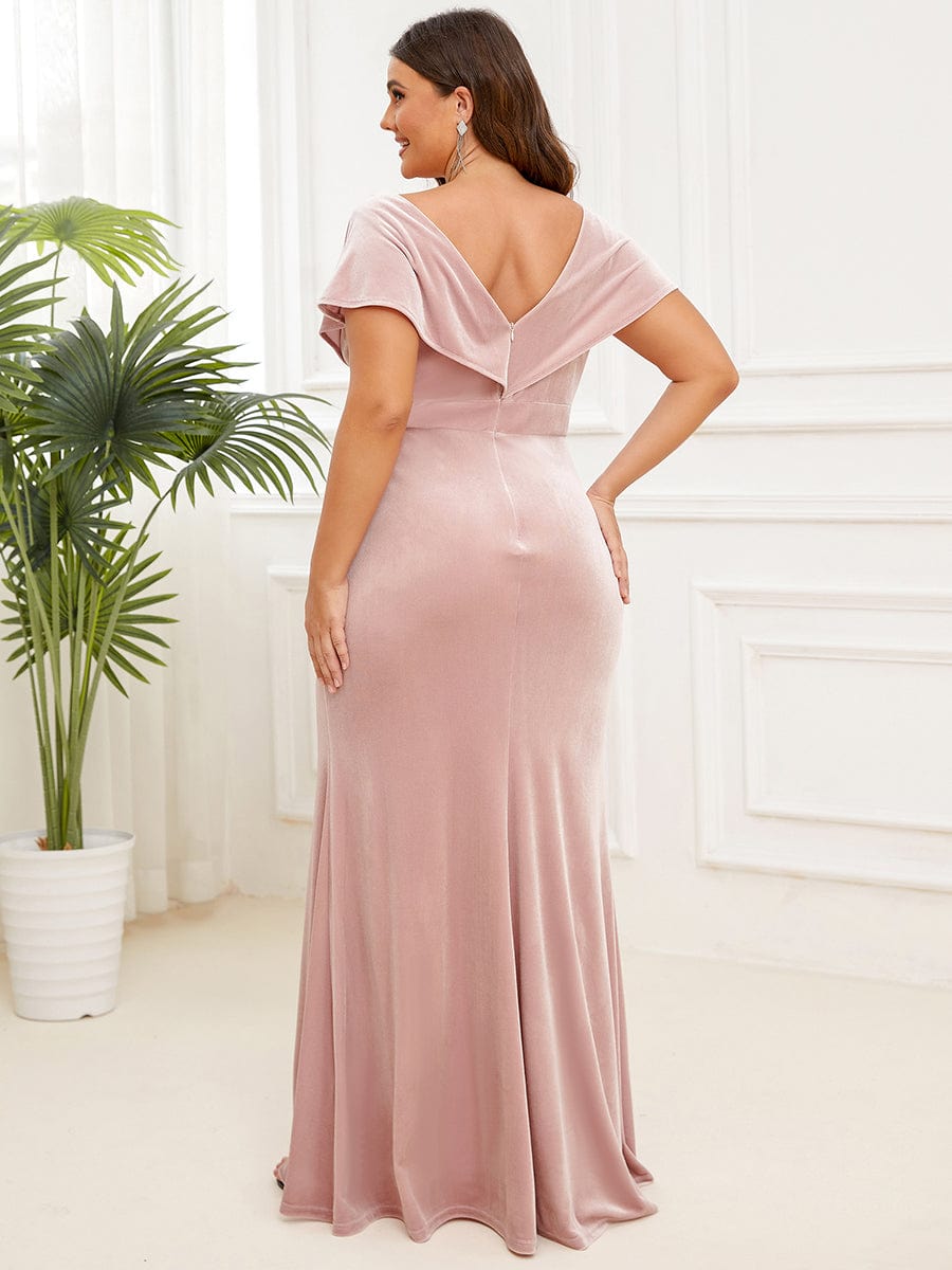 Plus Size Velvet Pleated V-Neck Cap Sleeve Column Floor-Length Evening Dress #Color_Pink