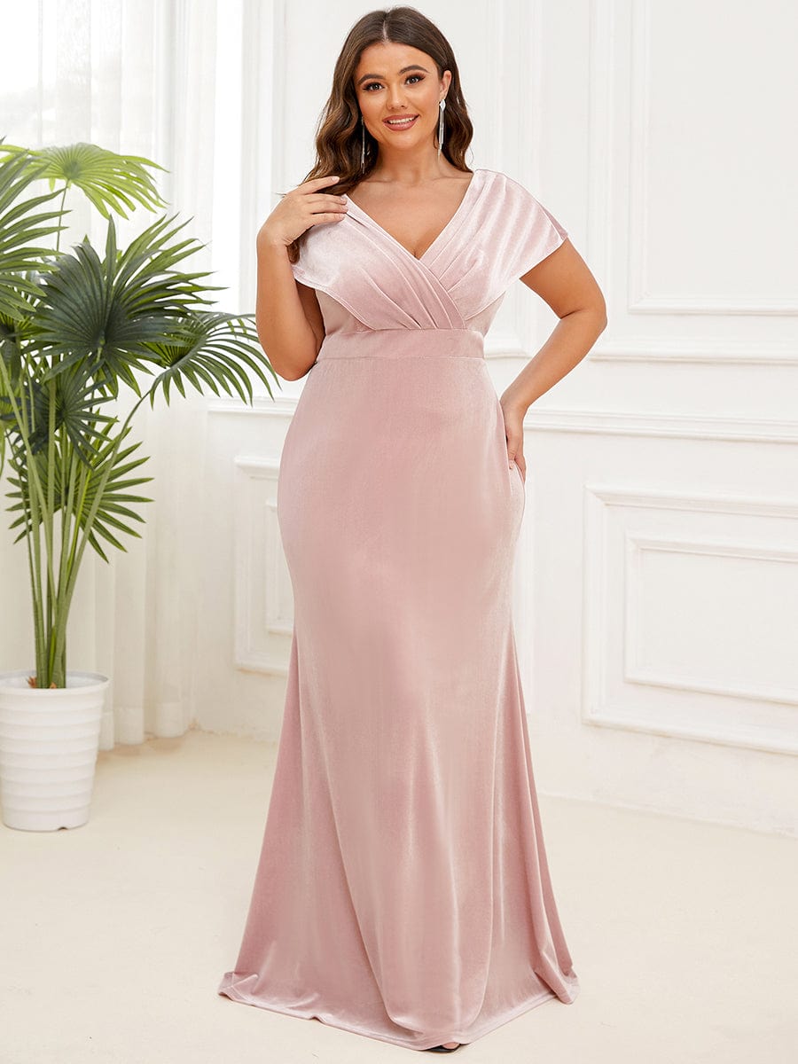 Plus Size Velvet Pleated V-Neck Cap Sleeve Column Floor-Length Evening Dress #Color_Pink