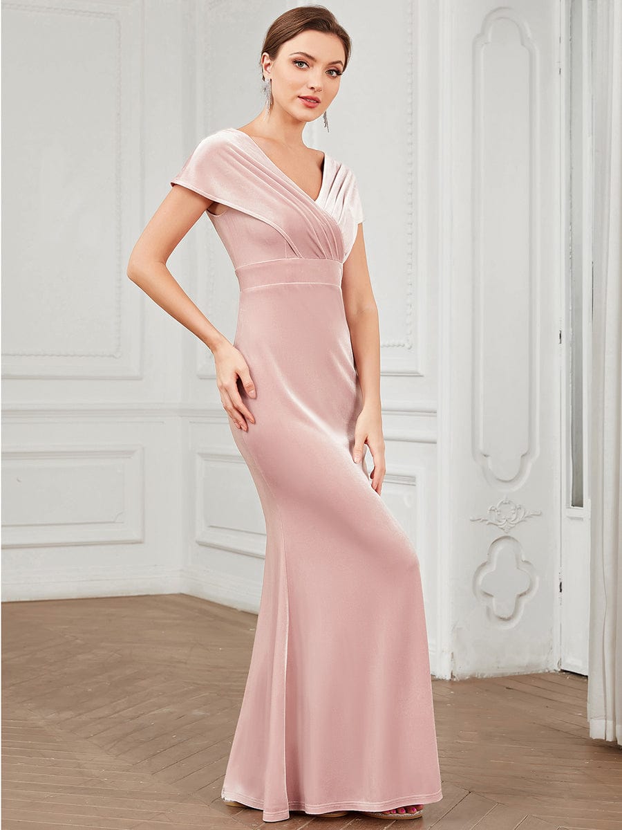 Velvet Pleated V-Neck Cap Sleeve Column Floor-Length Evening Dress