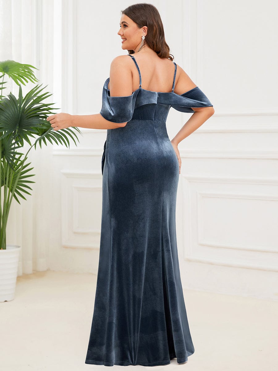 Plus Size Draped Cold Shoulder Spaghetti Strap Velvet Evening Dress #Color_Dusty Navy