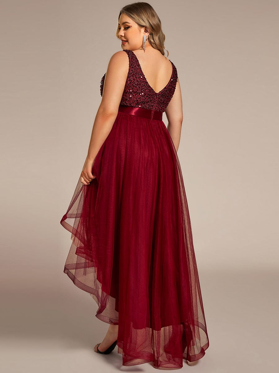 Plus Size Sequin V-Neck Sleeveless High Low Evening Dress #color_Burgundy