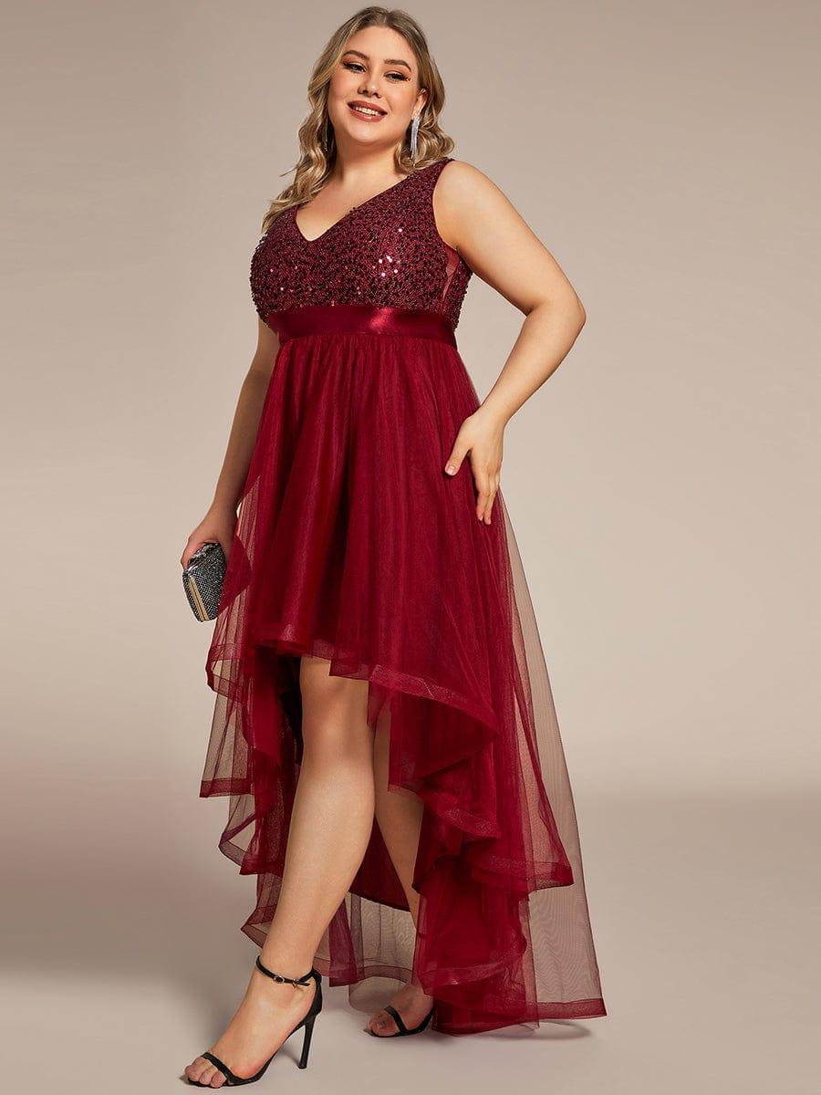 Plus Size Sequin V-Neck Sleeveless High Low Evening Dress #color_Burgundy