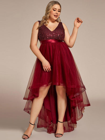 Plus Size Sequin V-Neck Sleeveless High Low Evening Dress #color_Burgundy