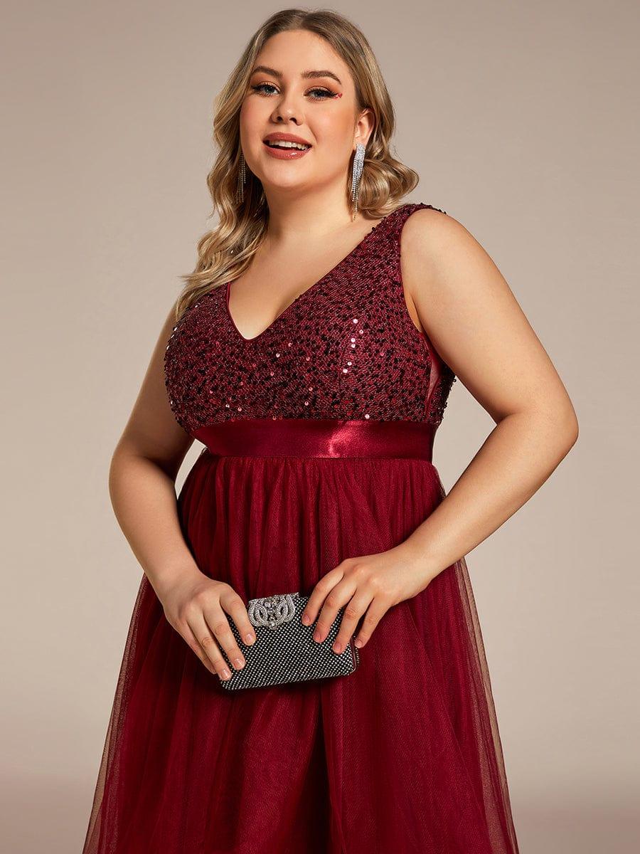 Plus Size Sequin V-Neck Sleeveless High Low Evening Dress #color_Burgundy